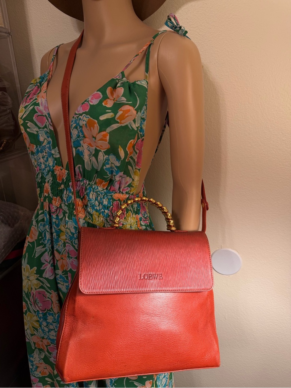 Loewe red/orange Leather top-handle/crossbody with braided gold handle. With COA